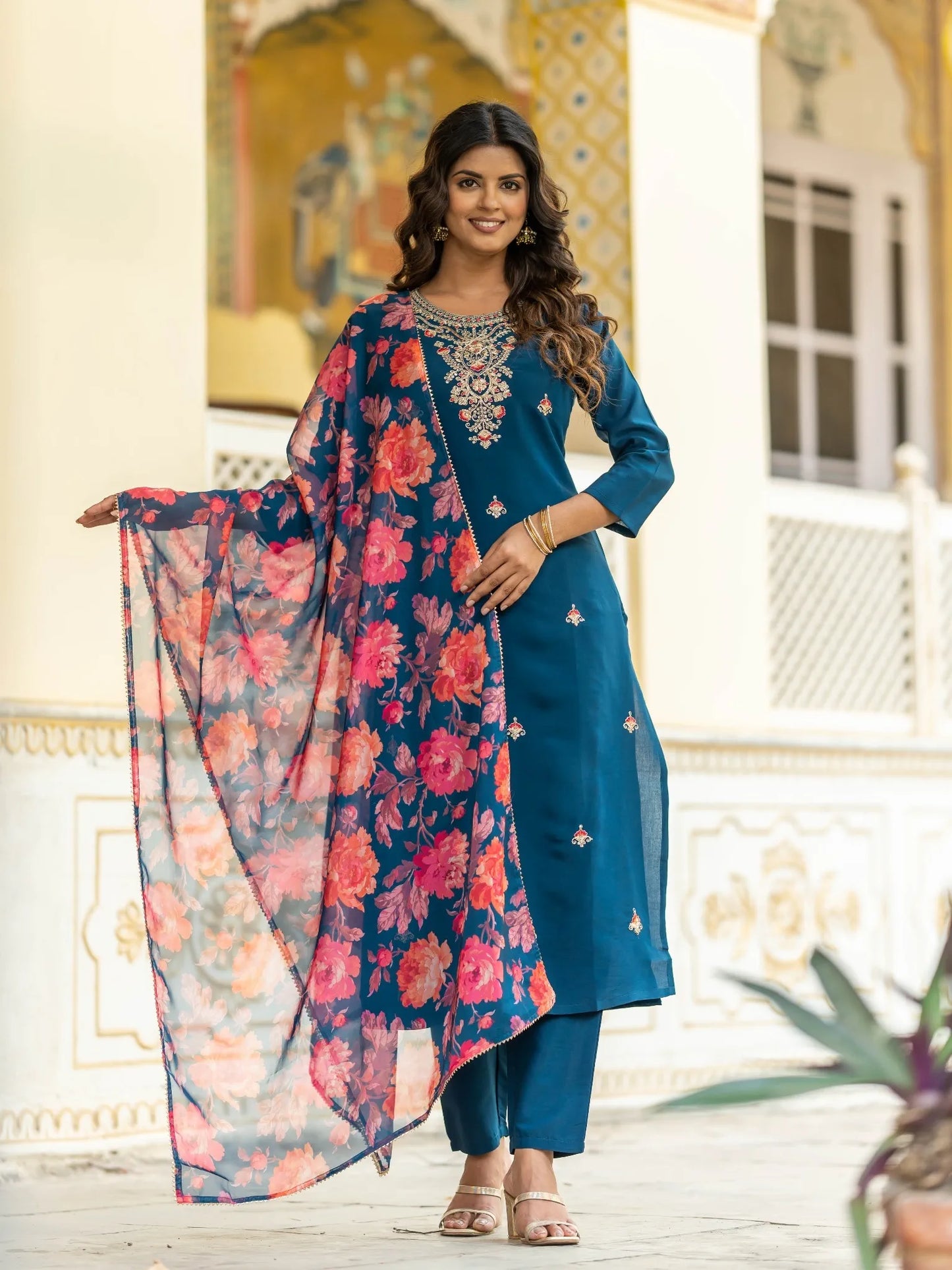 Blue Rayon Embroidered Kurta Set with Pants & Organza Dupatta