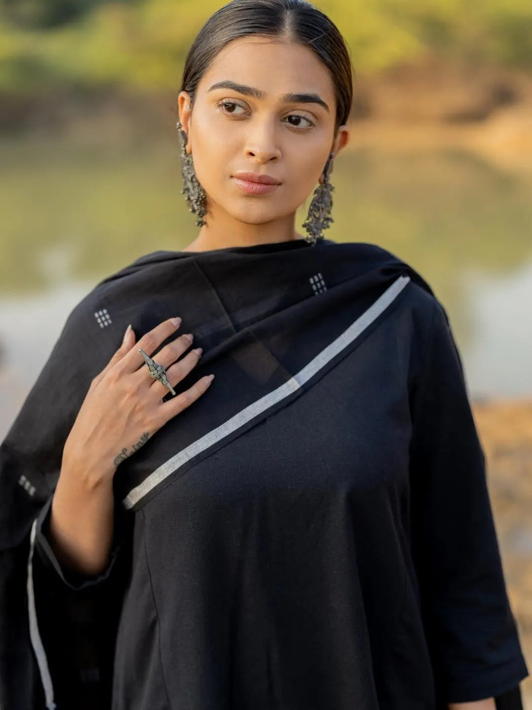 Black Chanderi A-Line Kurta With Chanderi Pant And Chanderi Dupatta Set - S-Neha-Black