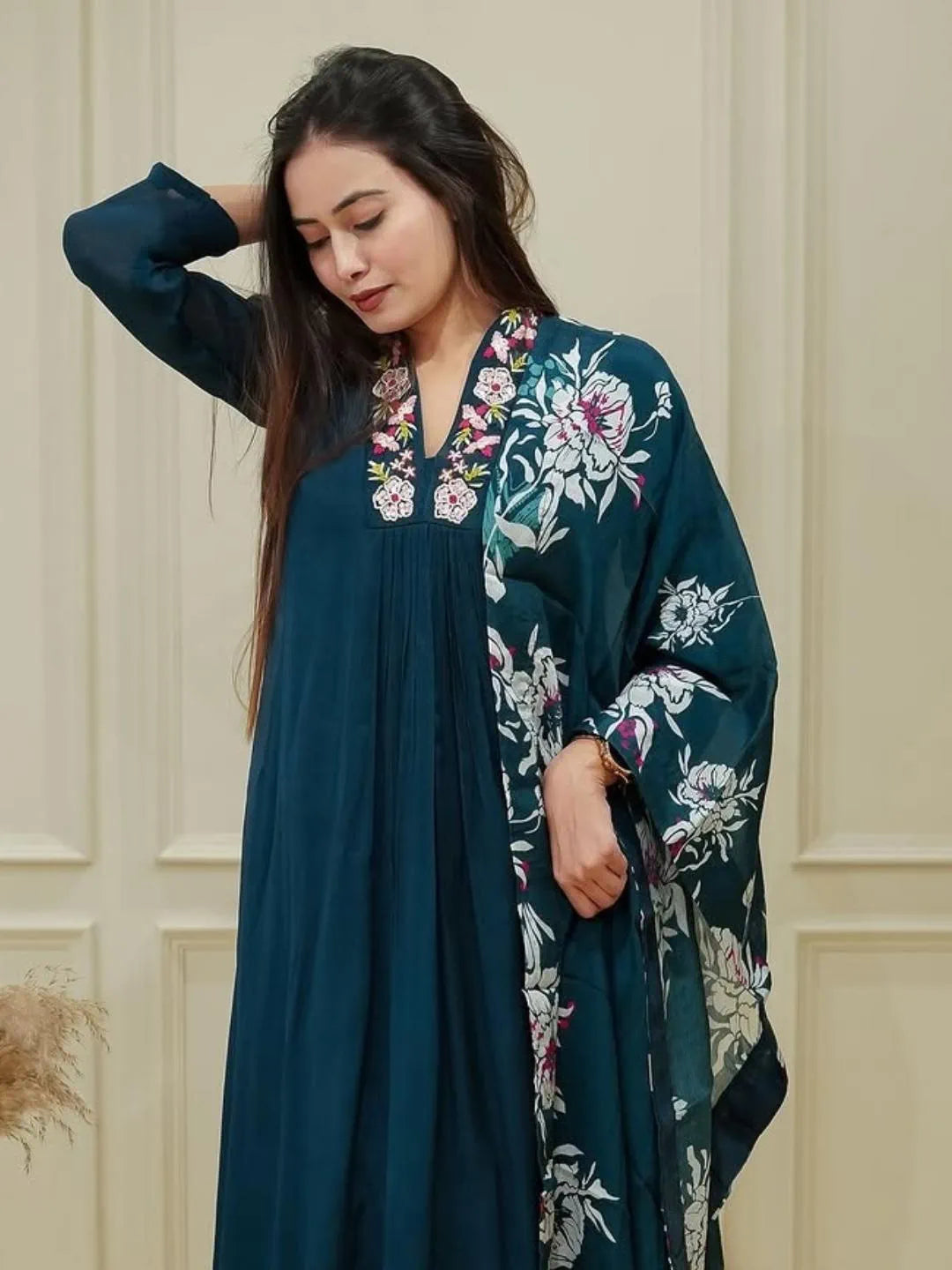 Blue Chinon Embroidered Flared Kurta with Chinon Pant & Dupatta Set – STYL-Rasmika-Petrol