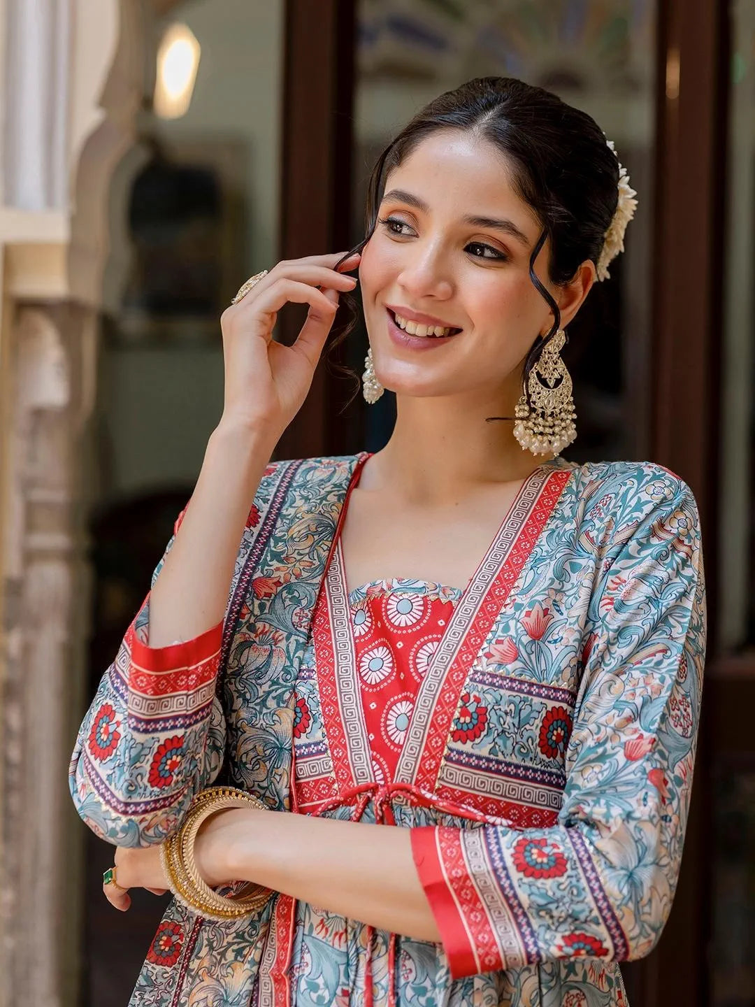 Blue Rayon A-Line Kurta with Lace, Rayon Pant & Printed Linen Dupatta Set – NK-726-Rama