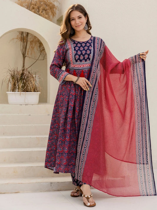 Blue Rayon Printed Flared Kurta with Rayon Pant & Linen Dupatta Set – NK-735-Navy Blue