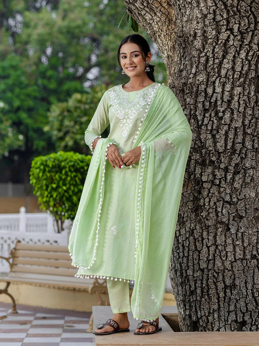 Green Cotton Kurta Set with Cotton Pant & Nazneen Laced Chanderi Dupatta (NK-573-Pista)