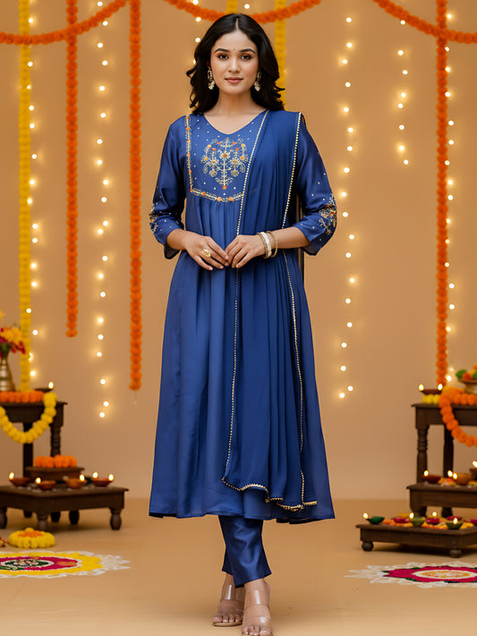 Blue Silk Chiffon Embroidered A-Line Kurta with Rayon Pant & Silk Chiffon Dupatta Set – NK-661-Petrol