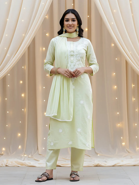 Yellow Cotton Embroidered Kurta with Cotton Pant & Nazneen Dupatta Set (NK-572-Yellow)