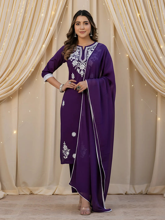 Violet Pure Cotton Embroidered Straight Kurta with Cotton Pant & Nazneen Laced Dupatta Set (NK-691-Violet)