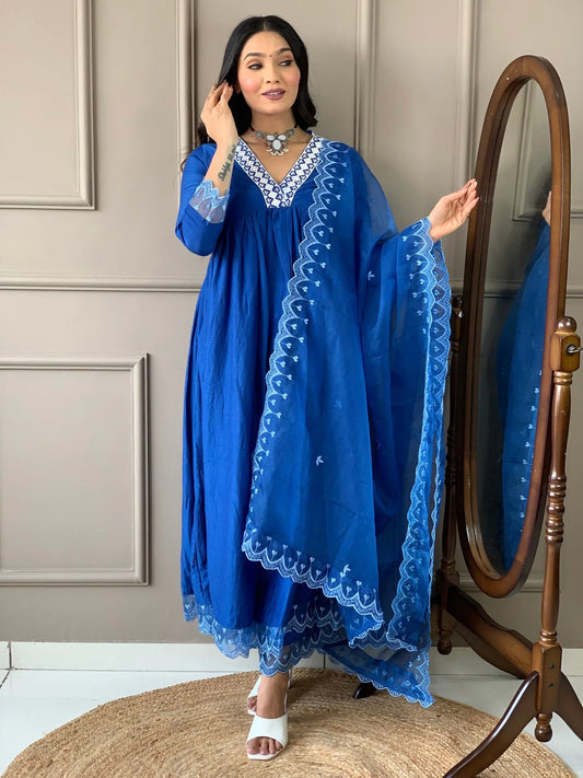 Blue Silk Embroidered Flared Kurta with Silk Blend Pant & Organza Dupatta Set – NK-480-Blue