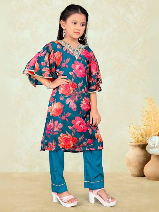 Blue Taby Silk Embroidered Straight Kurta with Rayon Pant & Nazneen Dupatta Set – NK-KD-11-Petrol