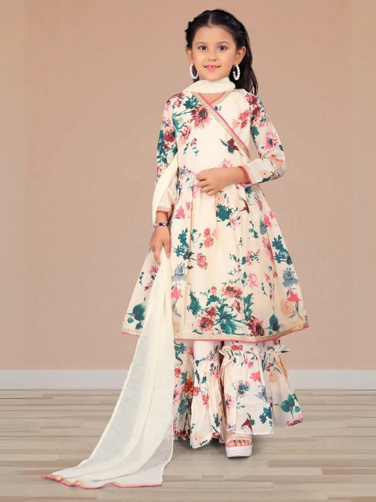 Cream Rayon Digital Print A-Line Kurta with Rayon Pant & Cotton Laced Dupatta Set – NK-KD-09-Chiku