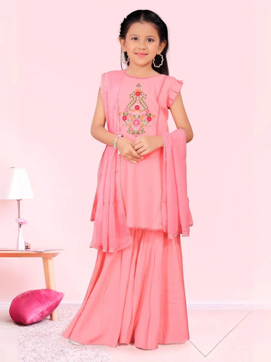 Peach Rayon Embroidered Flared Kurta with Rayon Pant & Cotton Laced Dupatta Set – NK-KD-06-Peach