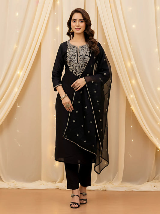 Black Embroidered Viscose Kurta Set with Pants & Zari Organza Dupatta