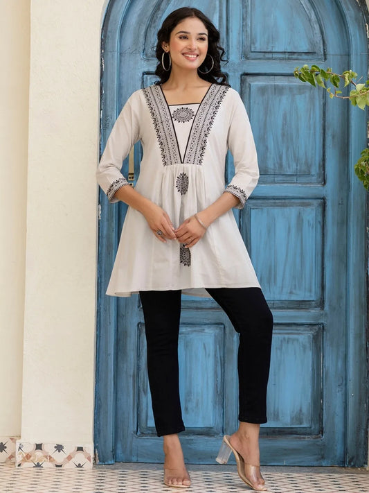 Grey Cotton Embroidered Fit and Flared Kurta (NK-TP05-Grey)