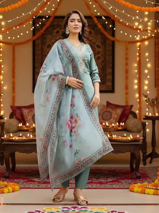 Blue Embroidered Rayon Kurta Set with Pants & Printed Chanderi Dupatta