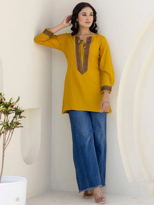 Mustard Rayon Embroidered Tunic (NK-TP01-Mustard)