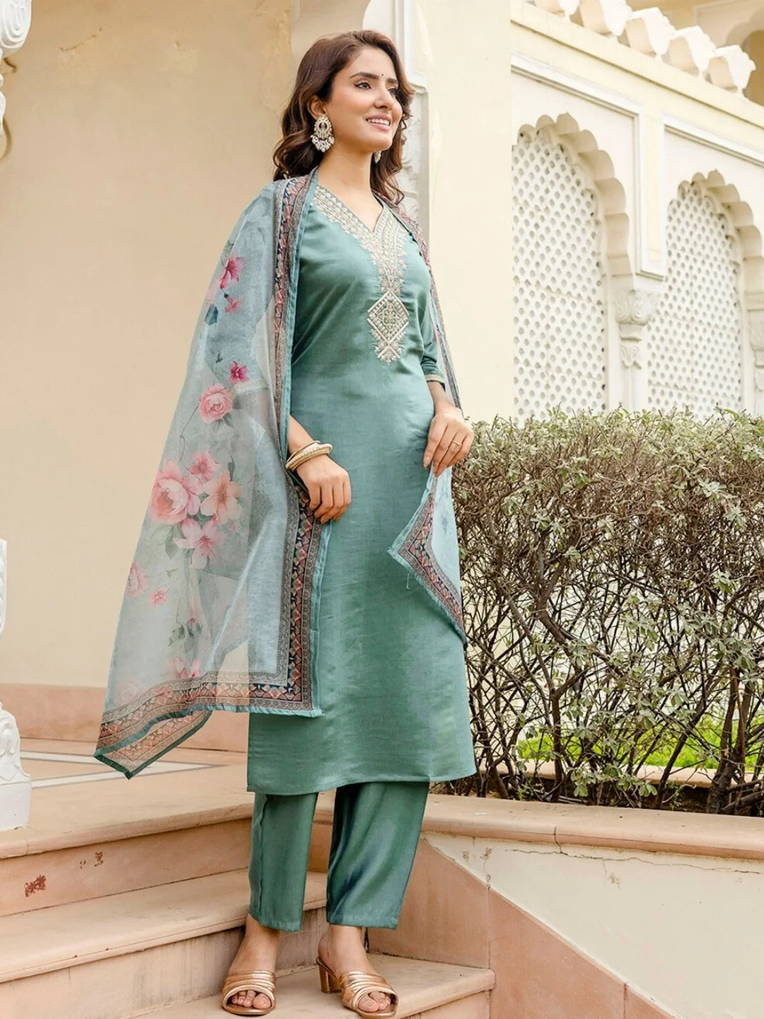 Blue Embroidered Rayon Kurta Set with Pants & Printed Chanderi Dupatta