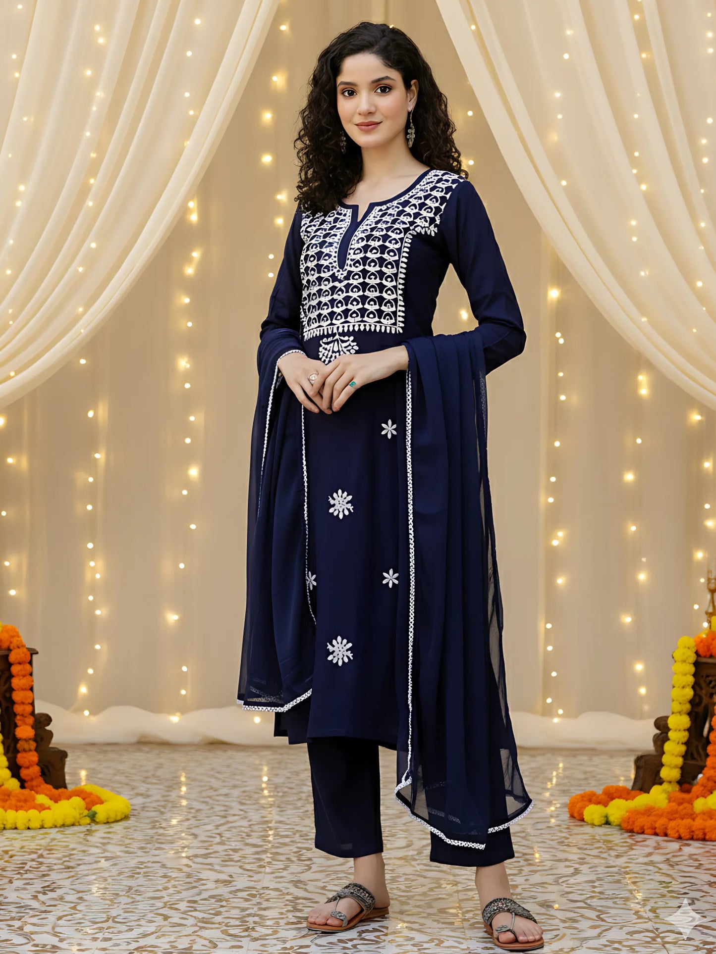 Blue Embroidered Rayon Kurta Set with Pants & Nazneen Laced Dupatta