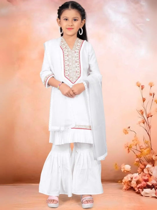 White Viscose Embroidered Straight Kurta With Viscose Sharara And Organza Dupatta Set (KD-03-Offwhite)
