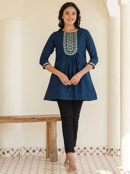 Petrol Rayon Embroidered Fit and Flared Kurta (NK-TP04-Petrol)