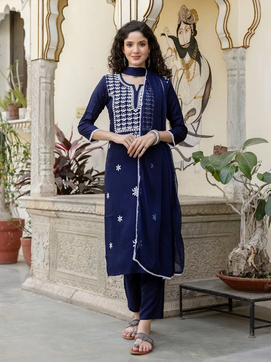 Blue Embroidered Rayon Kurta Set with Pants & Nazneen Laced Dupatta