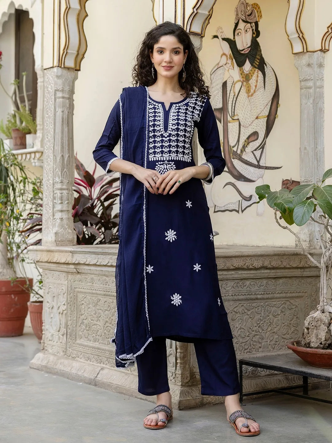 Blue Embroidered Rayon Kurta Set with Pants & Nazneen Laced Dupatta