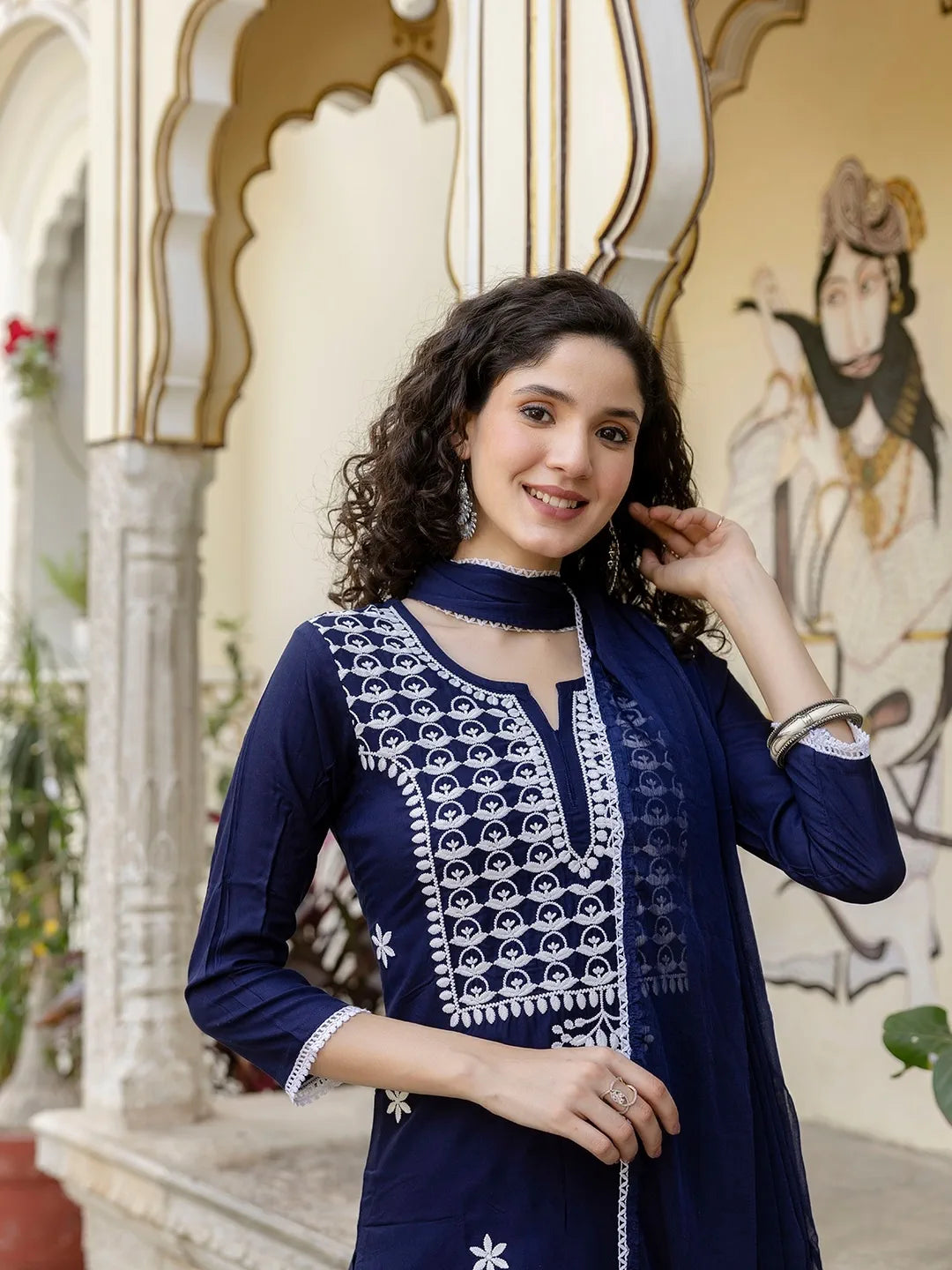 Blue Embroidered Rayon Kurta Set with Pants & Nazneen Laced Dupatta