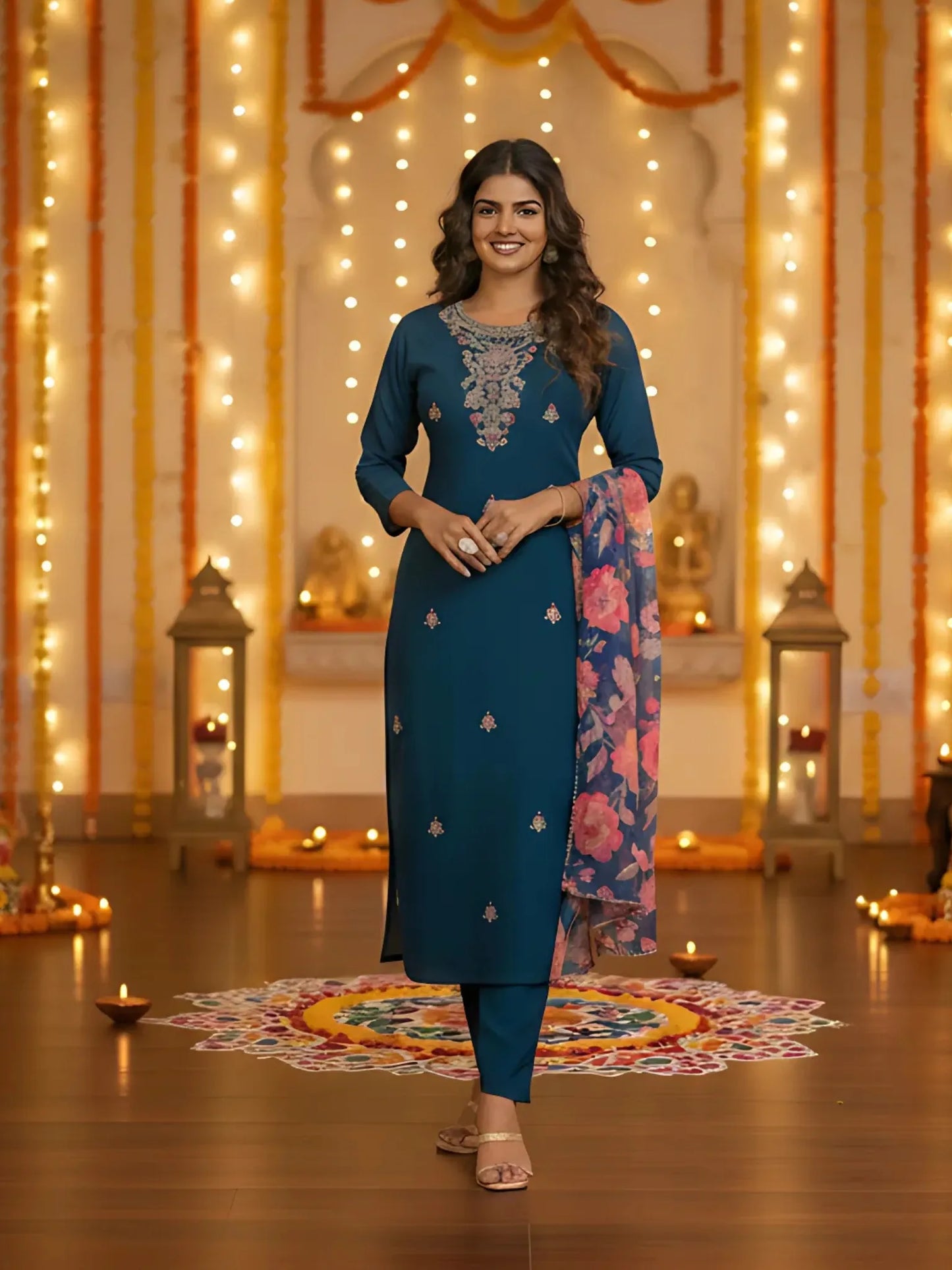 Blue Rayon Embroidered Kurta Set with Pants & Organza Dupatta
