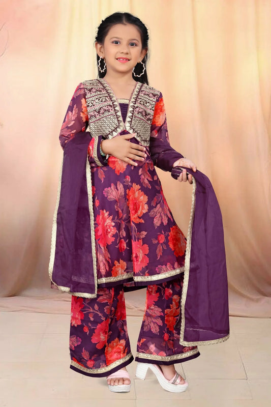 Elegant Wine Rayon Flared Kurta Set with Printed Detailing, Matching Pant & Lace Organza Dupatta (NK-KD-08-Wine)