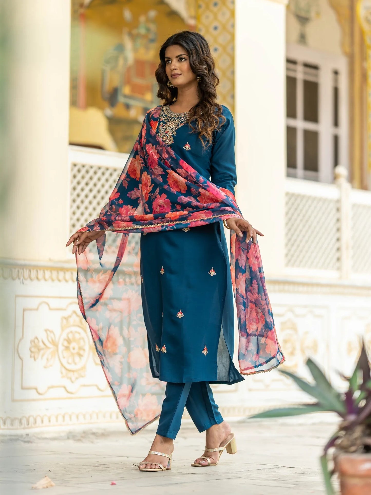 Blue Rayon Embroidered Kurta Set with Pants & Organza Dupatta