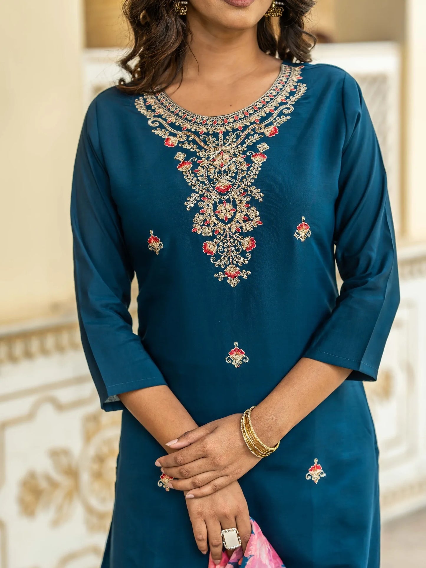 Blue Rayon Embroidered Kurta Set with Pants & Organza Dupatta