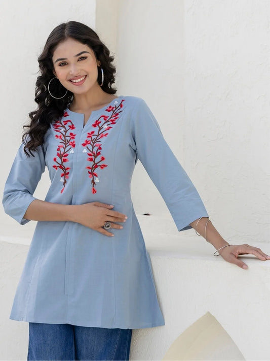 Sky Cotton Embroidered Straight Kurta (NK-TP06-Sky)