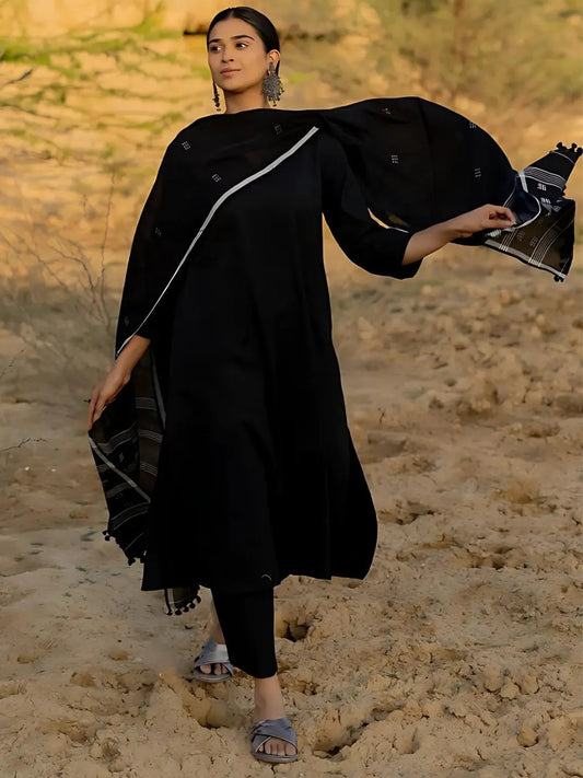 Black Chanderi A-Line Kurta With Chanderi Pant And Chanderi Dupatta Set - S-Neha-Black