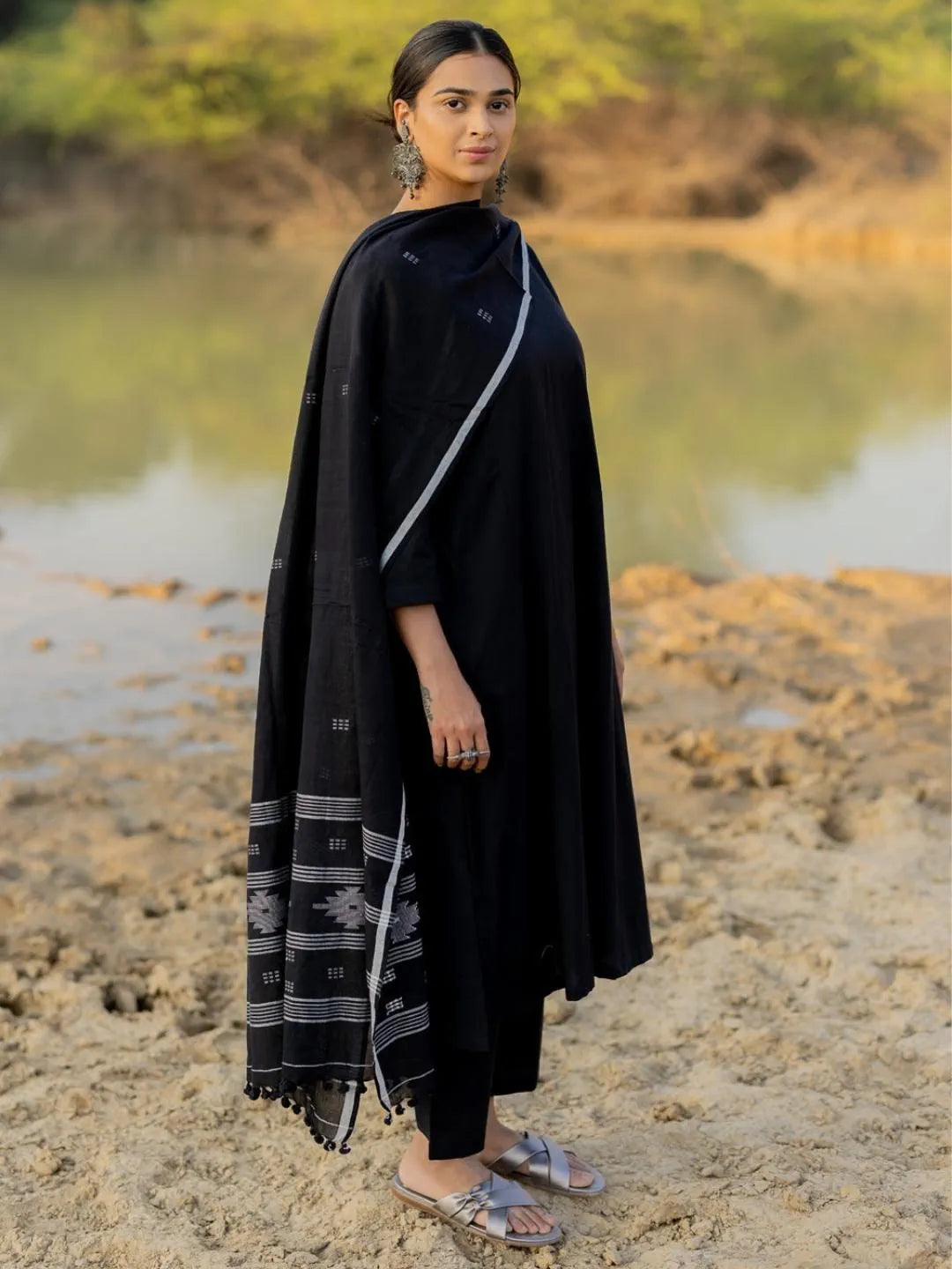 Black Chanderi A-Line Kurta With Chanderi Pant And Chanderi Dupatta Set - S-Neha-Black