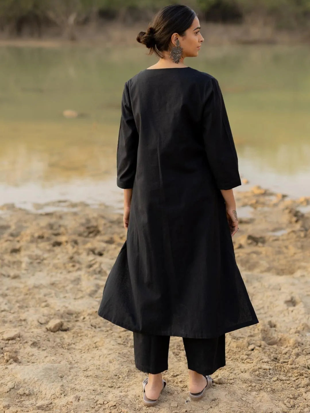 Black Chanderi A-Line Kurta With Chanderi Pant And Chanderi Dupatta Set - S-Neha-Black