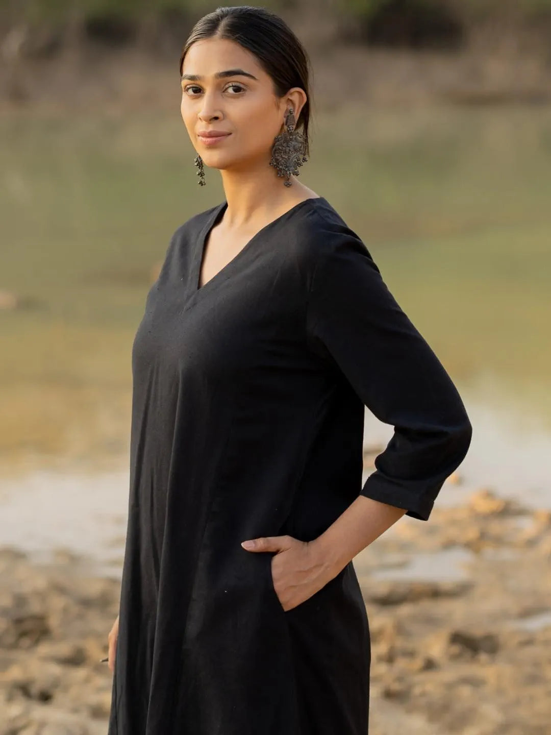 Black Chanderi A-Line Kurta With Chanderi Pant And Chanderi Dupatta Set - S-Neha-Black