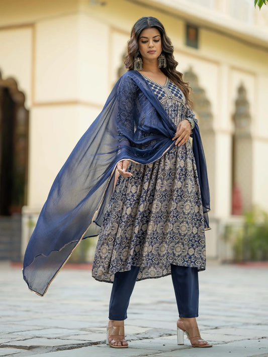 Blue Chanderi Silk Embroidered & Printed Flared Kurta With Rayon Pant & Nazneen Dupatta Set - NK-396-Blue