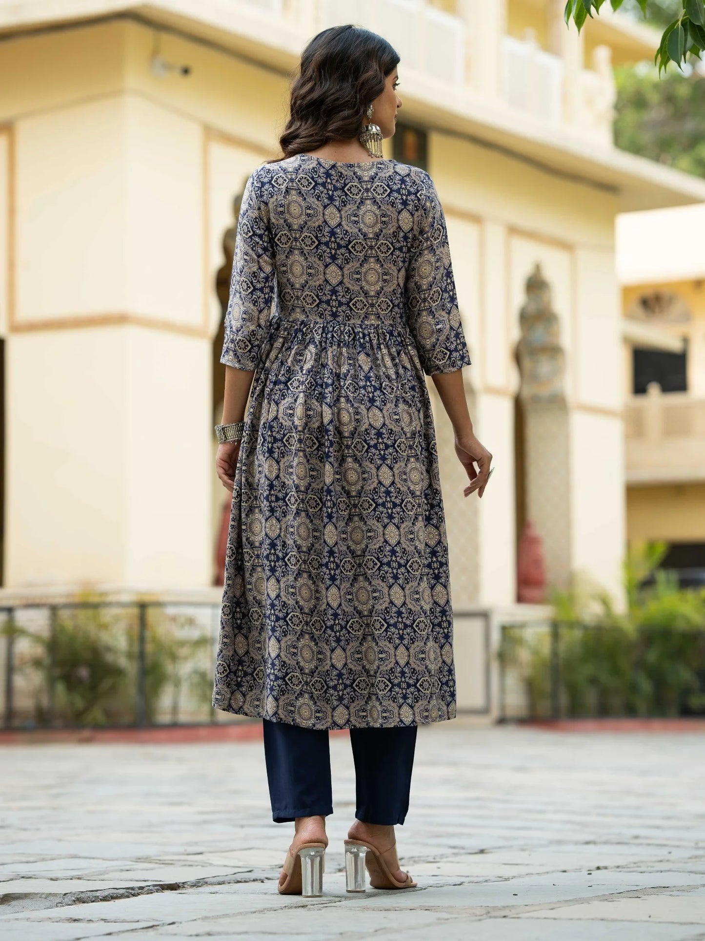 Blue Chanderi Silk Embroidered & Printed Flared Kurta With Rayon Pant & Nazneen Dupatta Set - NK-396-Blue