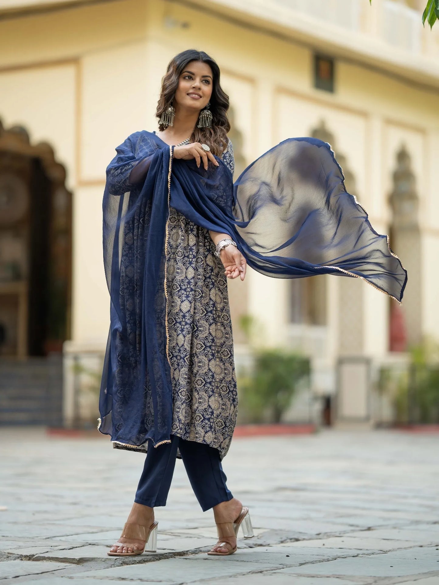 Blue Chanderi Silk Embroidered & Printed Flared Kurta With Rayon Pant & Nazneen Dupatta Set - NK-396-Blue