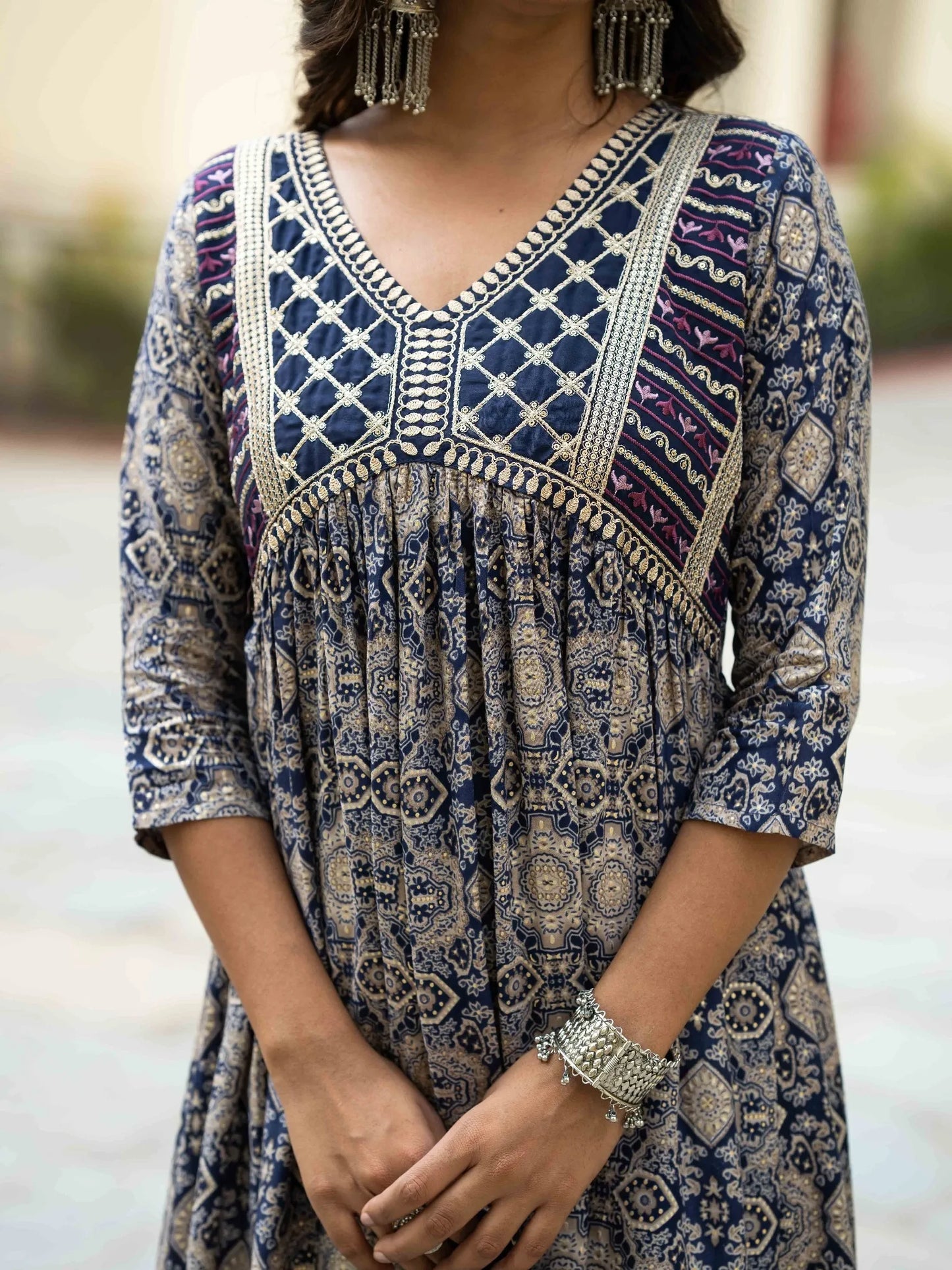 Blue Chanderi Silk Embroidered & Printed Flared Kurta With Rayon Pant & Nazneen Dupatta Set - NK-396-Blue