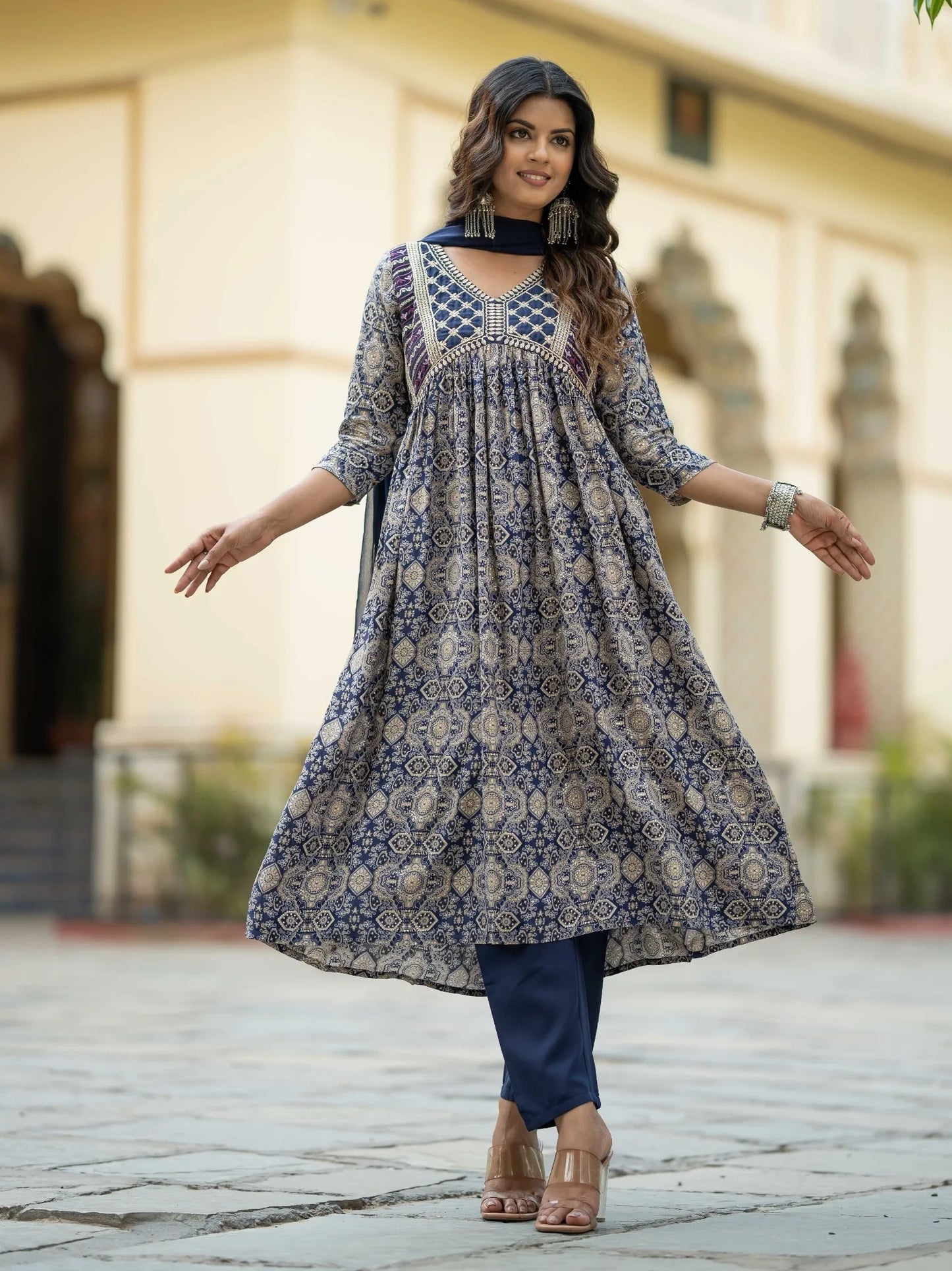 Blue Chanderi Silk Embroidered & Printed Flared Kurta With Rayon Pant & Nazneen Dupatta Set - NK-396-Blue