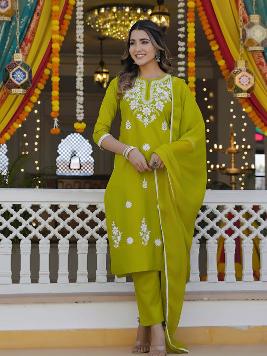 Cotton Embroidered Straight Kurta Set with Pure Cotton Pants & Laced Dupatta – Elegant Ethnic Wear (NK-574)