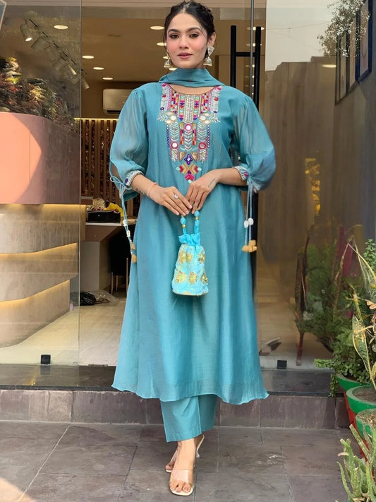 Elegant Blue Chanderi Silk A-Line Kurta with Matching Silk Pant and Organza Lace Dupatta – SC-Yamini
