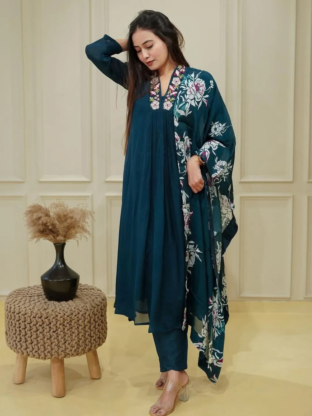 Blue Chinon Embroidered Flared Kurta with Chinon Pant & Dupatta Set – STYL-Rasmika-Petrol