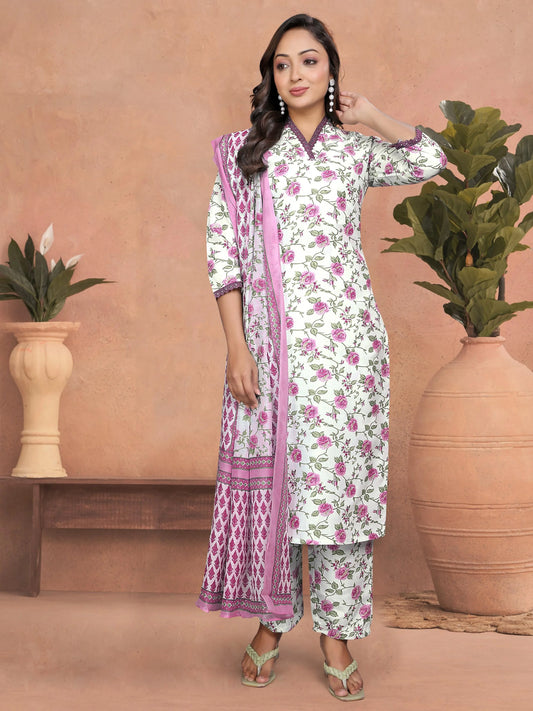 Cotton Printed Straight Kurta Set with Cotton Slub Pants & Chanderi Dupatta – Comfortable Everyday Wear (STYL-Sangini)