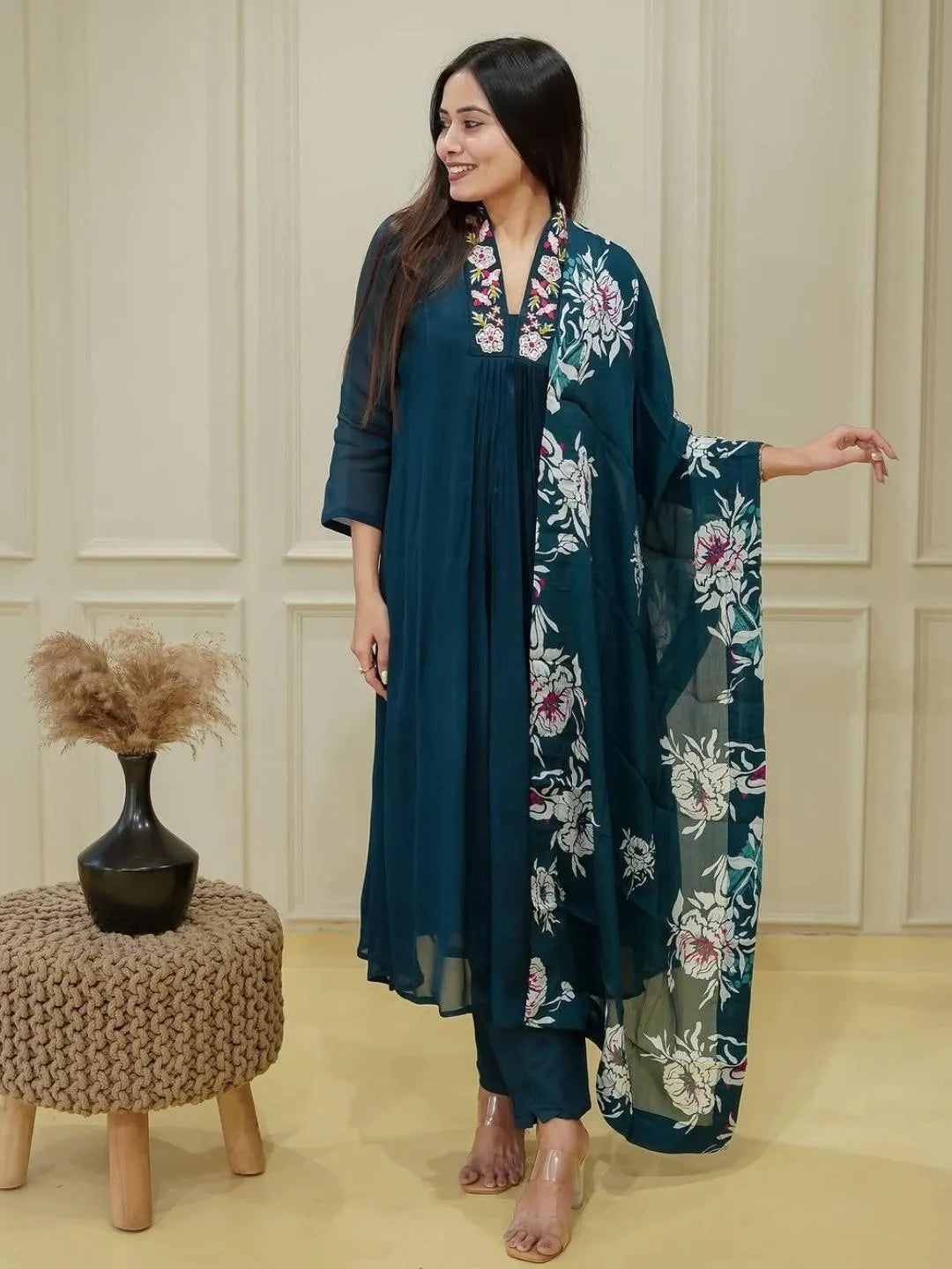 Blue Chinon Embroidered Flared Kurta with Chinon Pant & Dupatta Set – STYL-Rasmika-Petrol