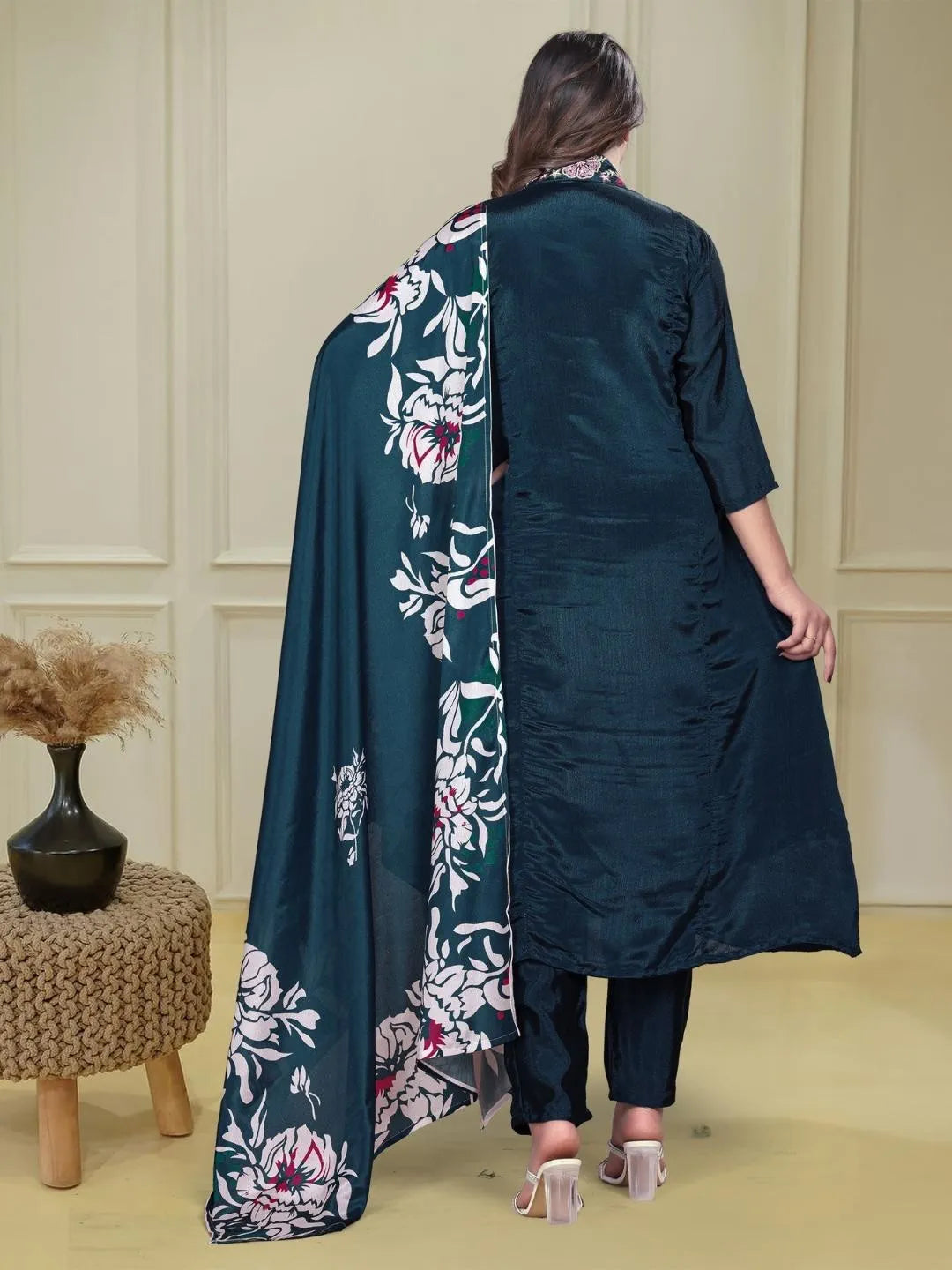 Blue Chinon Embroidered Flared Kurta with Chinon Pant & Dupatta Set – STYL-Rasmika-Petrol