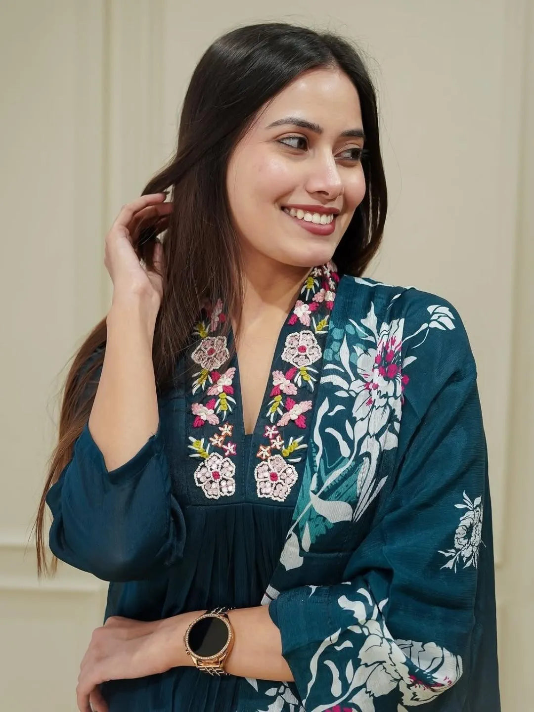 Blue Chinon Embroidered Flared Kurta with Chinon Pant & Dupatta Set – STYL-Rasmika-Petrol