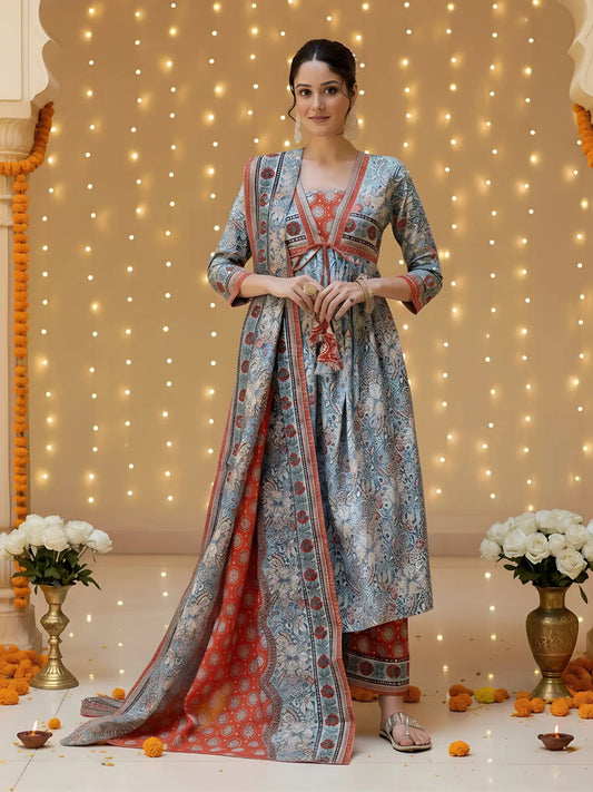 Blue Rayon A-Line Kurta with Lace, Rayon Pant & Printed Linen Dupatta Set – NK-726-Rama