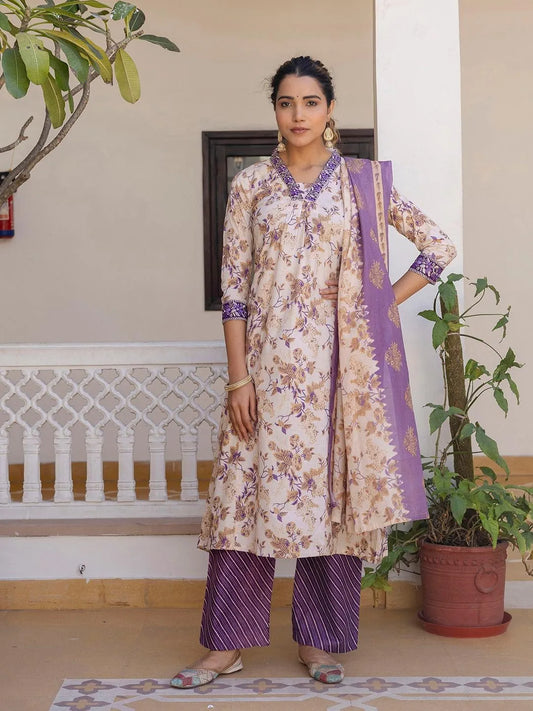 Cream Cotton A-Line Kurta Set with Cotton Pant & Chanderi Dupatta – Elegant Everyday Ethnic Wear (MV-616-Chiku)