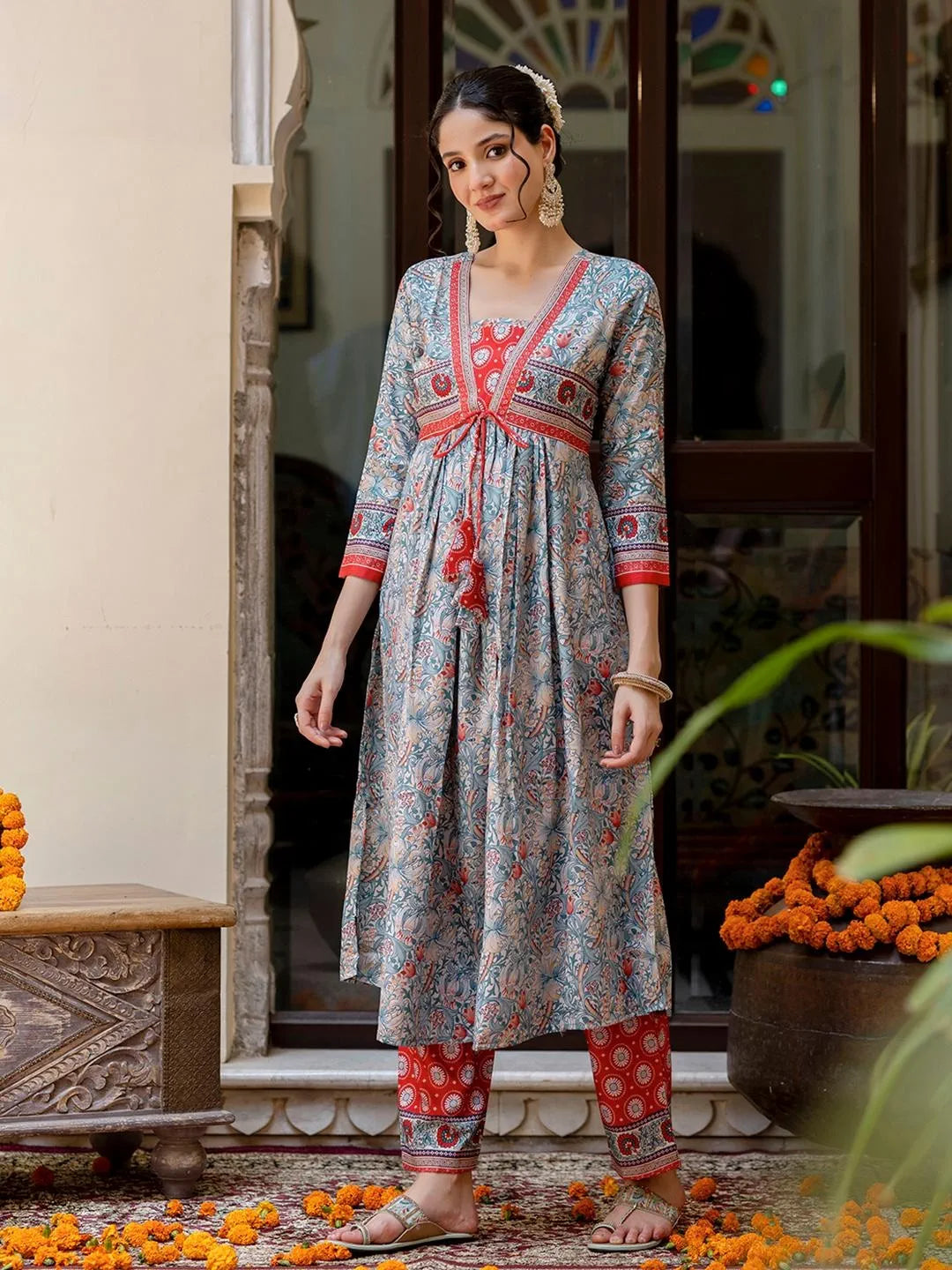 Blue Rayon A-Line Kurta with Lace, Rayon Pant & Printed Linen Dupatta Set – NK-726-Rama