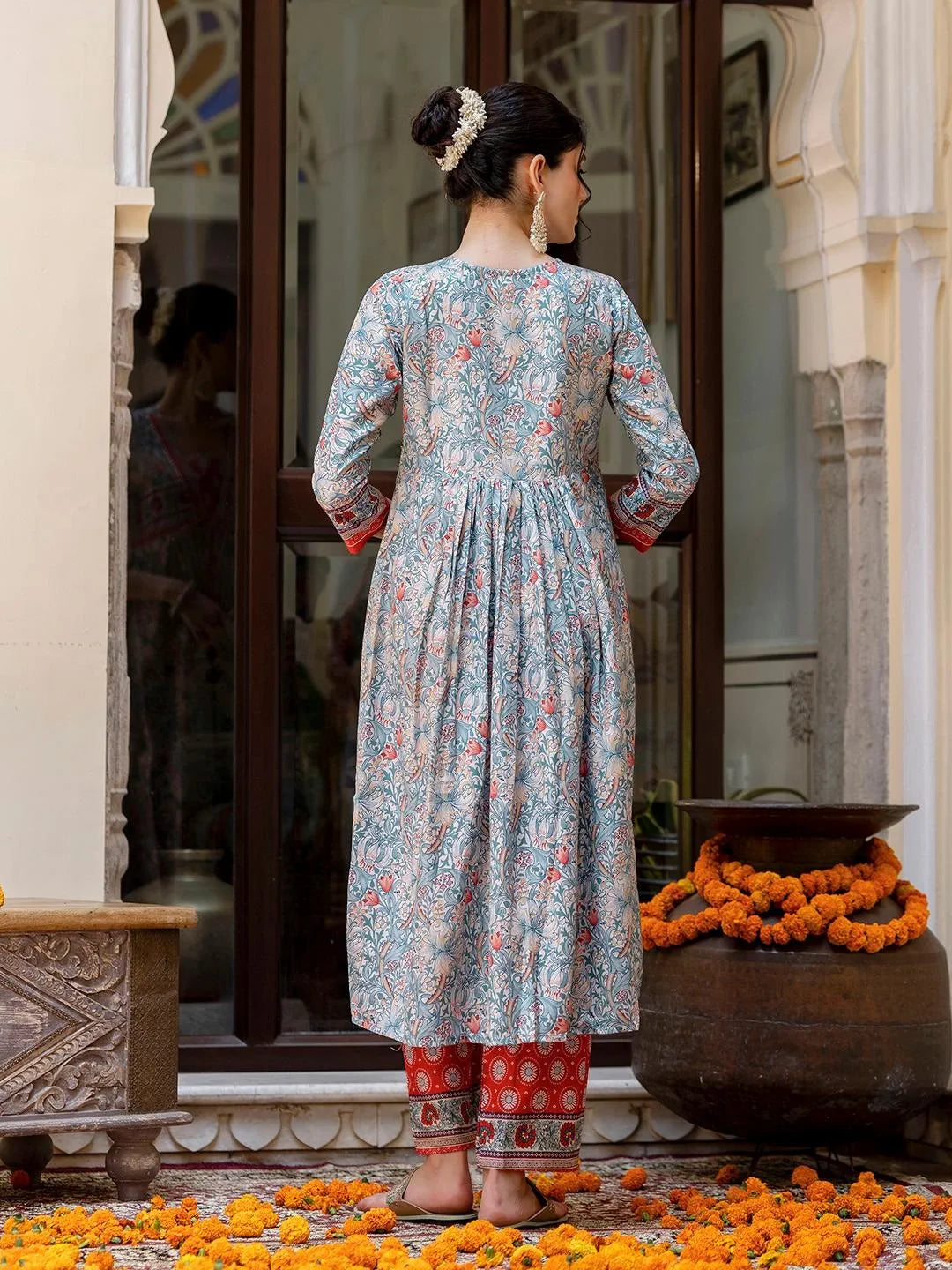 Blue Rayon A-Line Kurta with Lace, Rayon Pant & Printed Linen Dupatta Set – NK-726-Rama