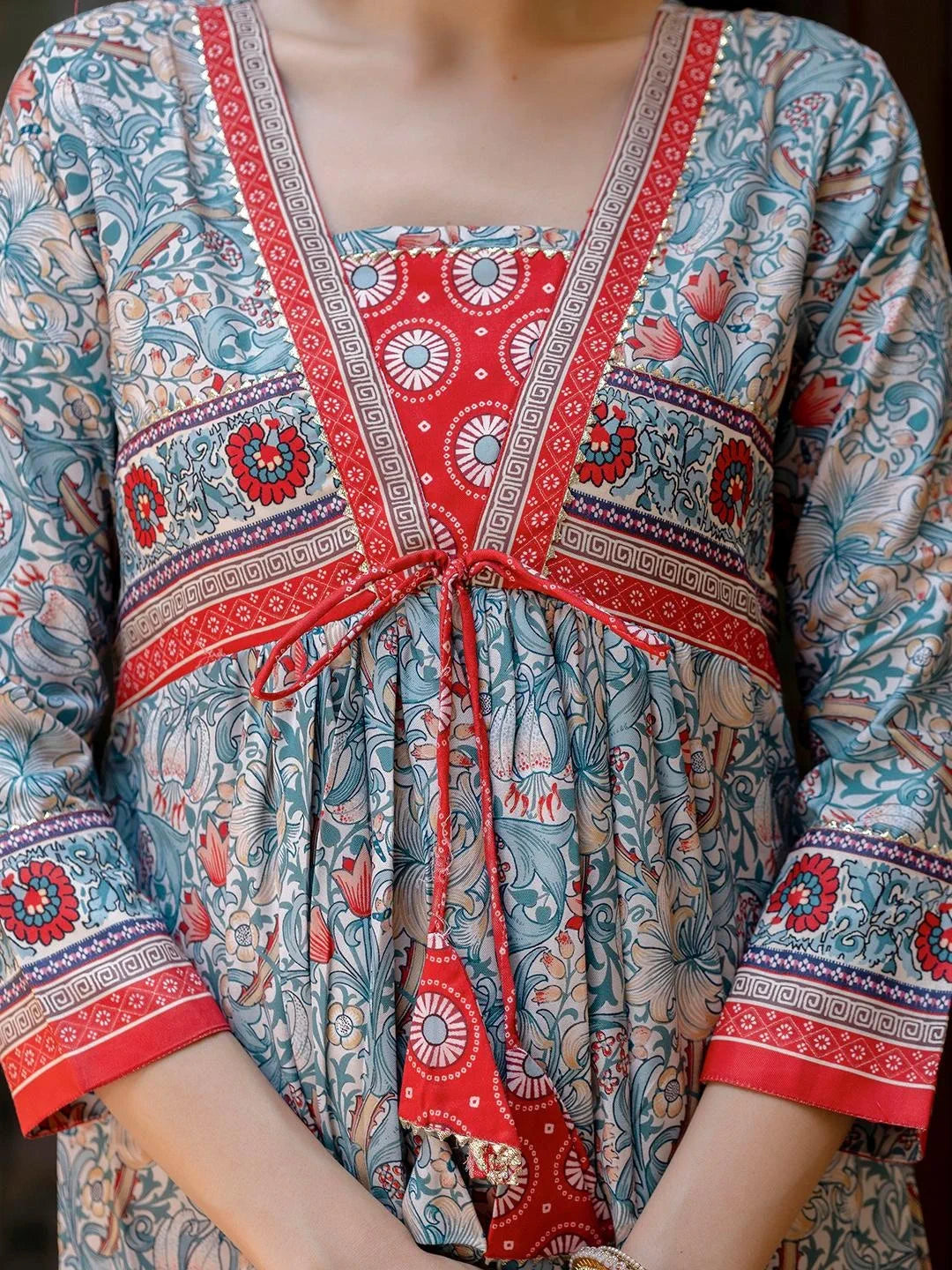 Blue Rayon A-Line Kurta with Lace, Rayon Pant & Printed Linen Dupatta Set – NK-726-Rama